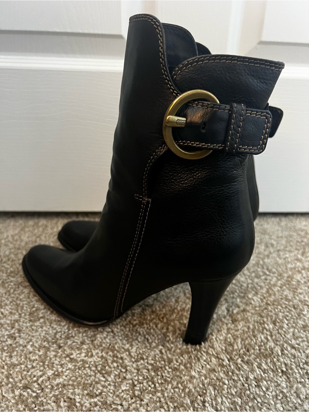 Coach Black Leather Ankle Heeled Boots with Gold Buckle